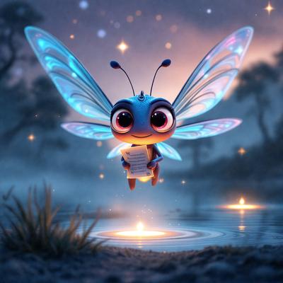 The primary subject of the image is a small, cute, and colorful butterfly. It is flying in the air and appears to be holding a book. The setting is a nighttime scene with a lake and a forest in the background. The visual style is a digital art or illustration, creating a whimsical and imaginative atmosphere. The colors are predominantly blue and purple, with the butterfly being predominantly blue, and the book being white. The overall mood of the image is light